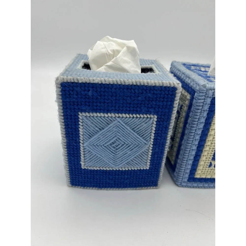 Vintage NEEDLEPOINT TISSUE BOX COVER LOT blue Finished Art MCM Grannycore decor